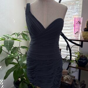 La Femme One-Shoulder Charcoal Grey Short Dress